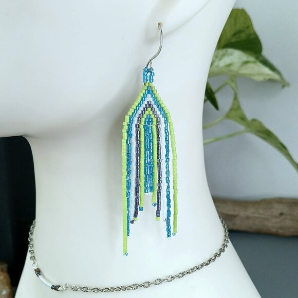 Boho Chic Beaded Cascade Fringe Dangle Earrings, Seed Bead Jewelry, 3.75" - Picture 1 of 6